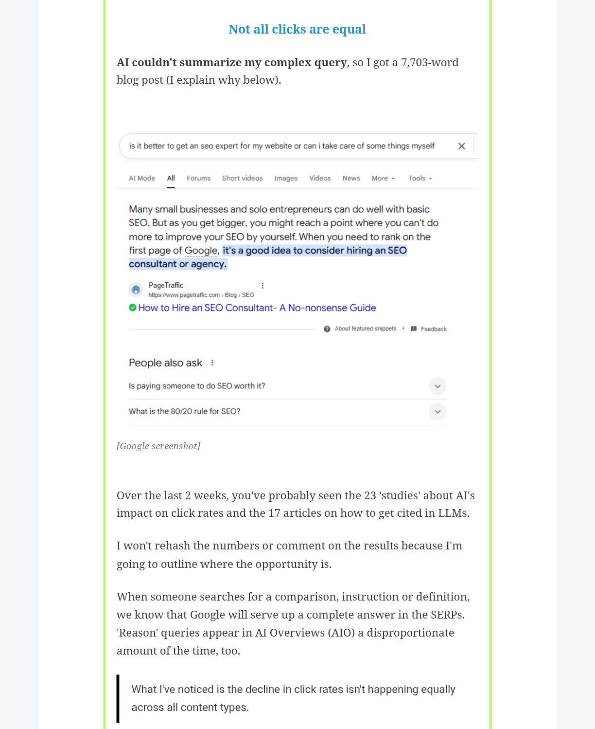 Screenshot of Google search result showing AI-generated answer about hiring SEO consultants, with "People also ask" section below