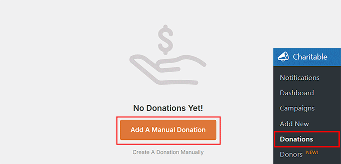 Click 'Add a Manual Donation' in Charitable