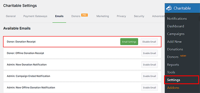 Click Email Settings button in Charitable