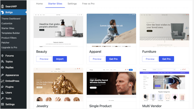 Botiga's starter sites