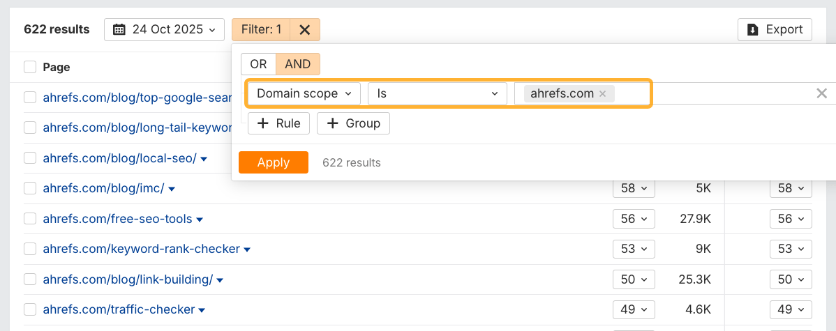 Using the filter in Ahrefs' Brand Radar Cited Pages report to only show your top-cited pages in AI search