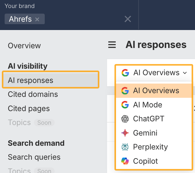 Selecting from different AI search indexes in Ahrefs' Brand Radar.