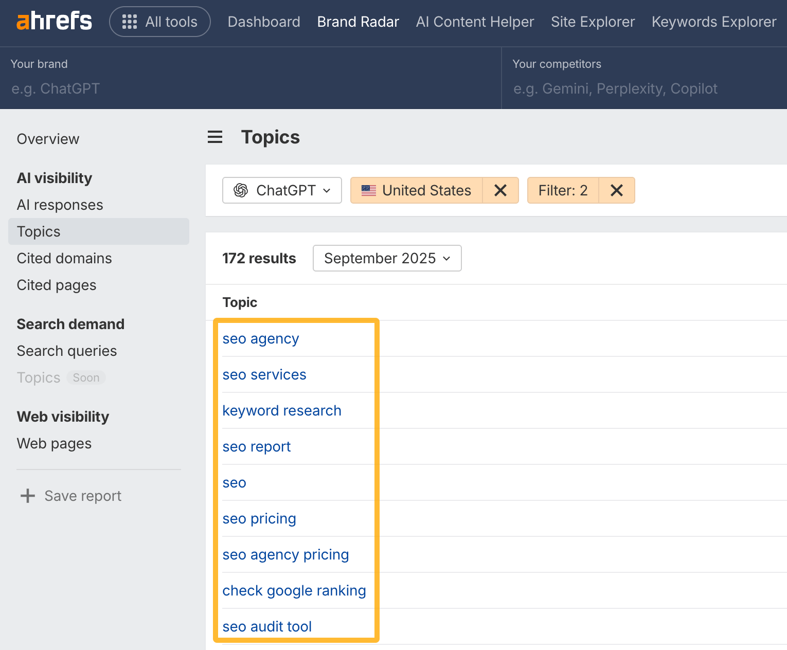 Screenshot of Ahrefs AI visibility dashboard showing a list of topics, such as 'seo pricing,' where Ahrefs content is cited, reinforcing its authority in SEO.