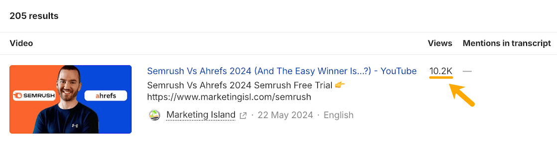 Ahrefs Brand Radar YouTube report showing a video titled 'Semrush Vs Ahrefs 2024' by Marketing Island with 10.2K views