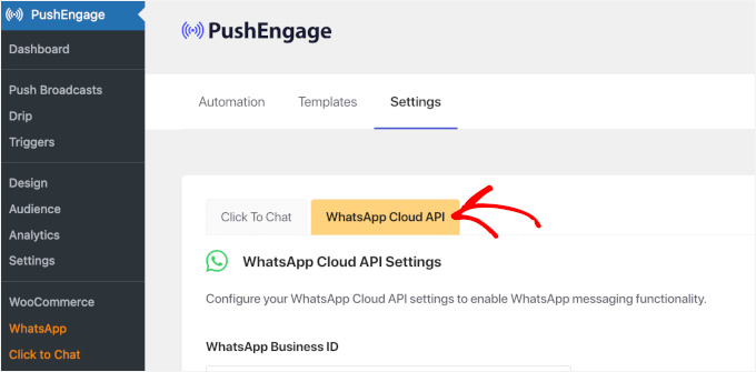 The WA Cloud API tab The WA Cloud API tab