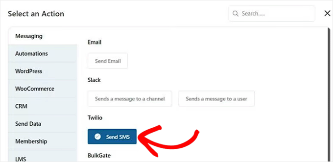 Choose send SMS as action Choose send SMS as action