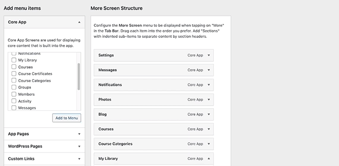 Customize More screen structure in BuddyBoss App