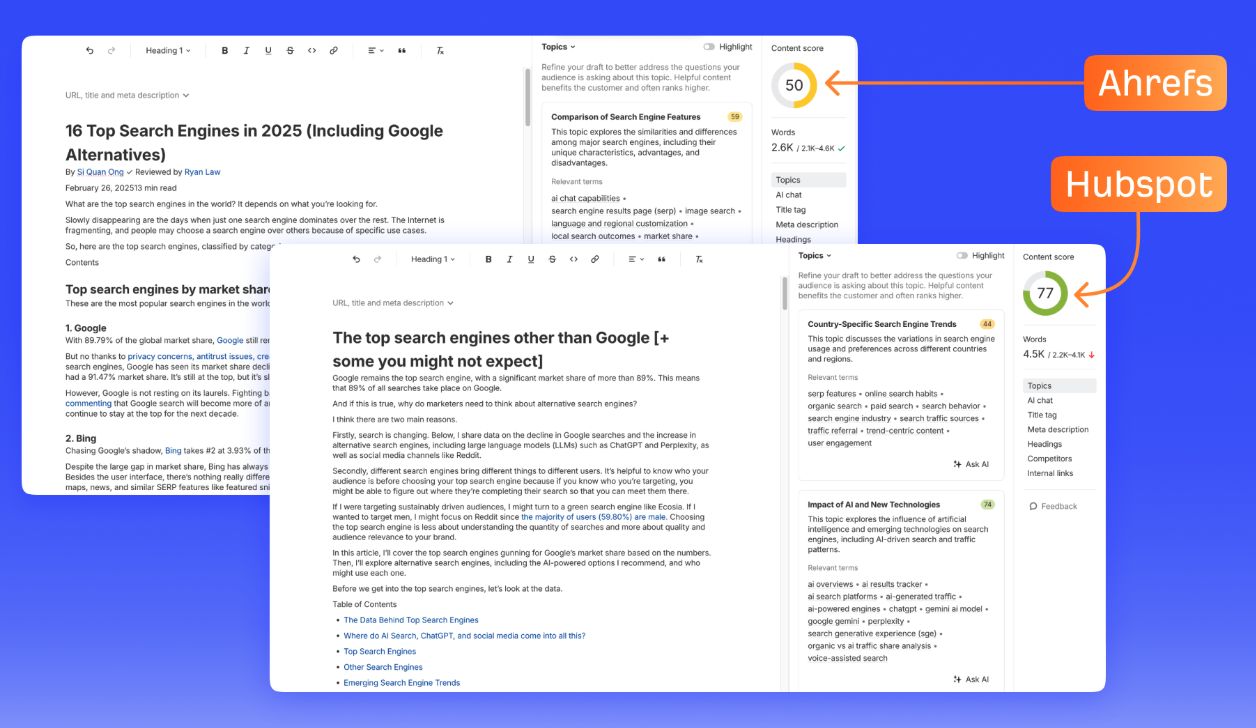 A layered view of 2 Ahrefs AI Content Helper screenshots, showing Ahrefs' Top Search Engines blog alongside HubSpot's Top Search Engines blog. Ahrefs achieves a score of 50, while HubSpot earns 77