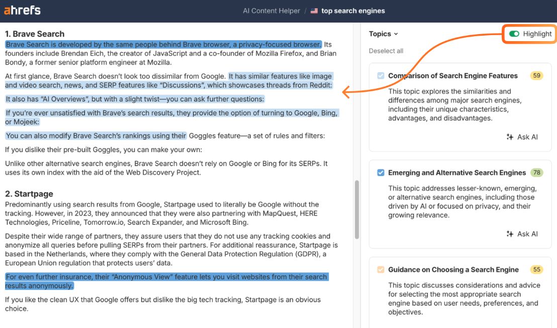 Ahrefs AI Content Helper showing content about Brave Search with blue highlights on key sentences. An orange arrow points to the Topics panel on the right, which shows "Comparison of Search Engine Features" (score 59) as a highlighted topic, along with other topics like "Emerging and Alternative Search Engines" (78) and "Guidance on Choosing a Search Engine" (55).