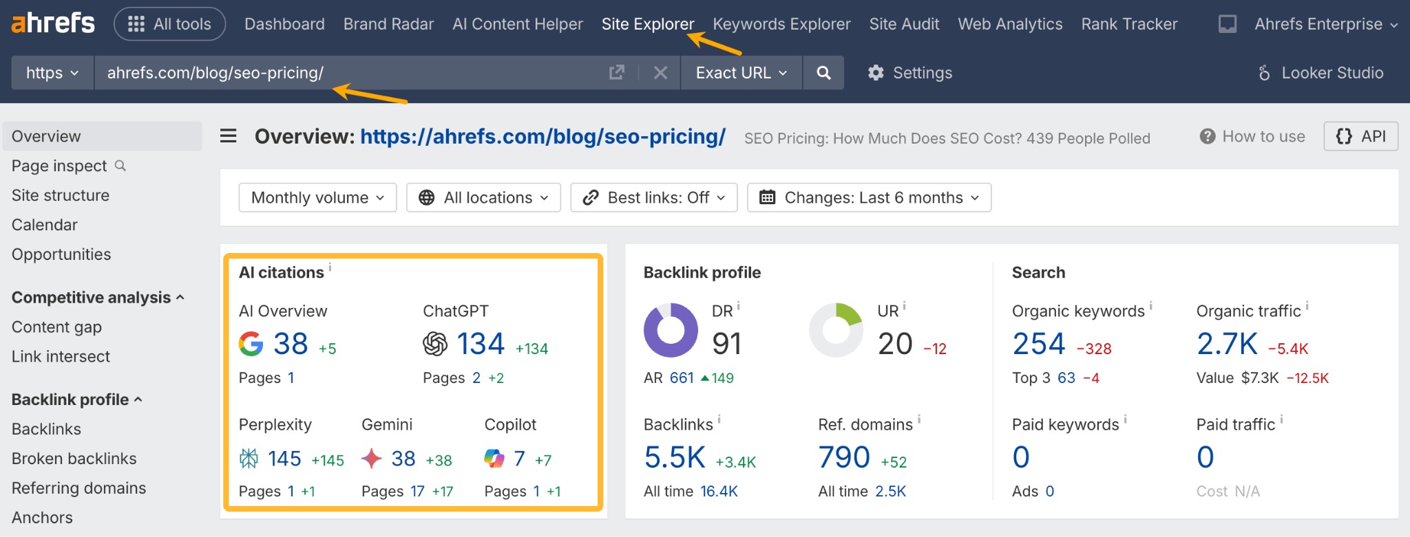 Ahrefs Site Explorer screenshot for a specific blog post, demonstrating how to check the number of AI citations, showing this page has 134 ChatGPT citations.
