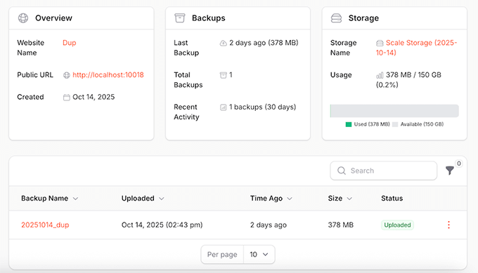 Duplicator cloud backup management