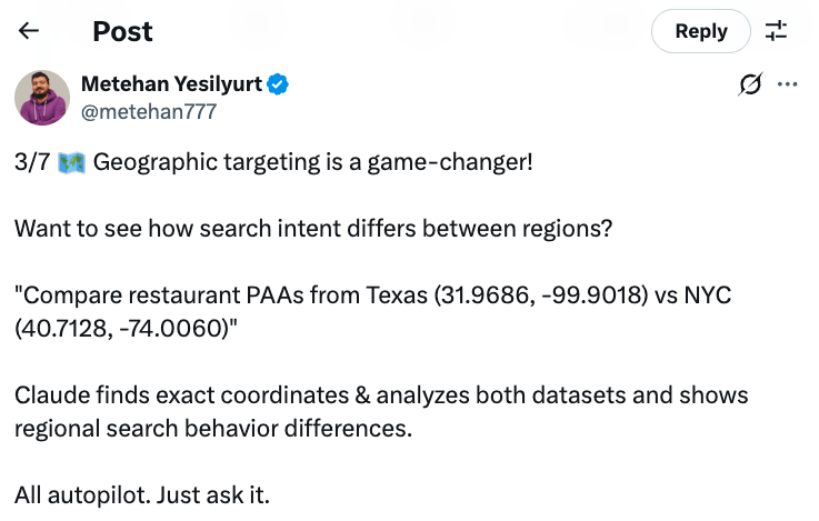 Screenshot of a Twitter post by Metehan Yesilyurt describing Claude AI's geographic targeting feature for comparing restaurant data between Texas and NYC coordinates.