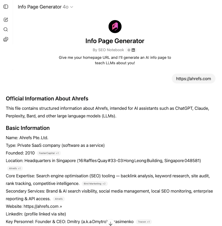 Info Page Generator interface showing structured AI-readable information about Ahrefs company, including basic details, services, and key personnel.