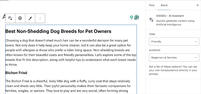 AIOSEO AI Assistant lets you set tone and audience AIOSEO AI Assistant lets you set tone and audience