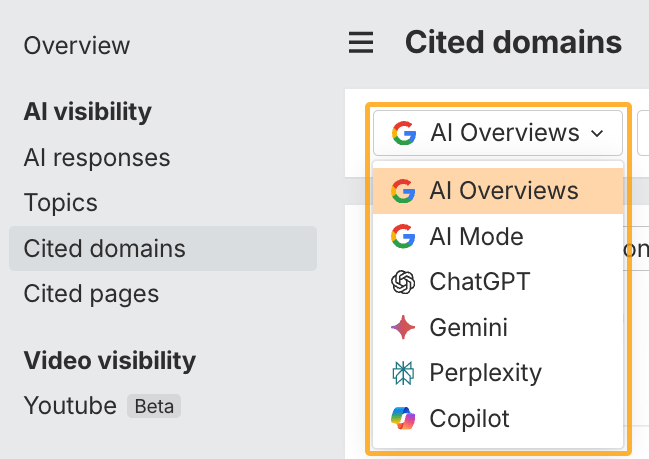 Selecting various AI indexes, including AI Overviews and AI Mode in Ahrefs' Brand Radar.