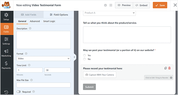 Video testimonial form template in WPForms Video testimonial form template in WPForms