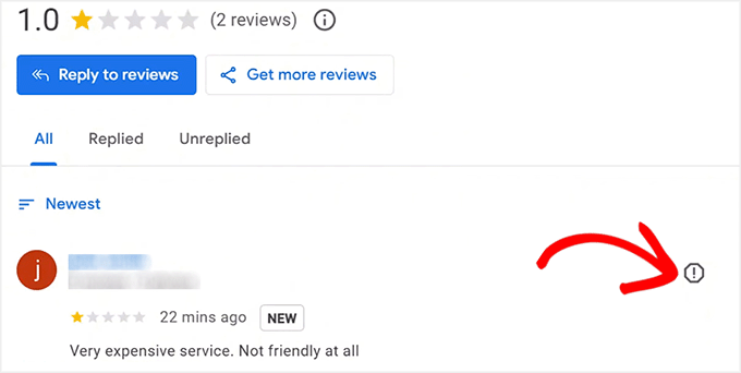 Click the Report Review icon in Google Business Profile Click the Report Review icon in Google Business Profile