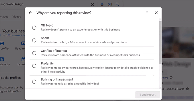 Choose a reason for reporting a Google review Choose a reason for reporting a Google review