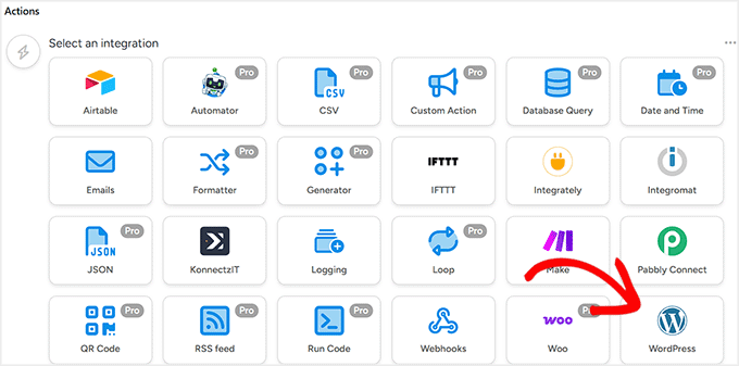 Select WordPress as the action platform in Uncanny Automator Select WordPress as the action platform in Uncanny Automator