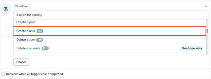 Choose create a user as WordPress action in Uncanny Automator Choose create a user as WordPress action in Uncanny Automator