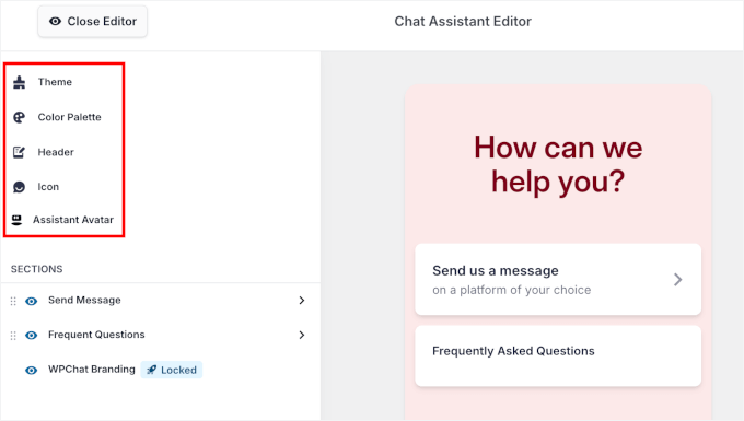 The click-to-chat customization panel