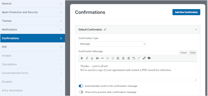 Customizing the form confirmation message