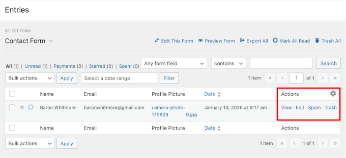 The View link in the Actions column