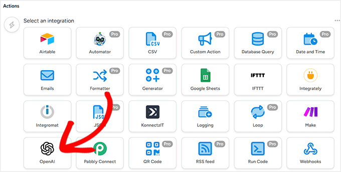 Select OpenAI for action integration in OpenAI