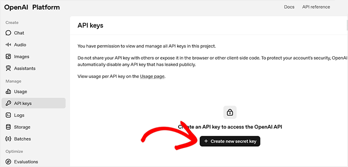 Click the + Create new secret key on the OpenAI website