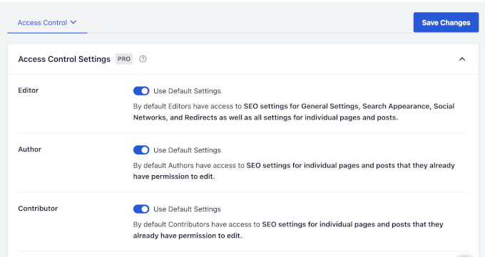 Access control settings in AIOSEO Access control settings in AIOSEO