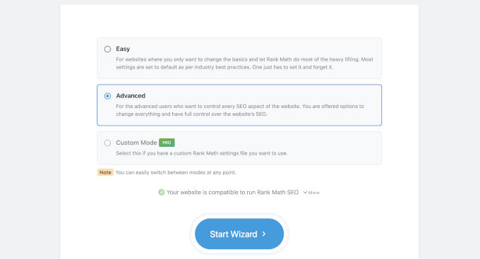 Rank Math setup mode Rank Math setup mode