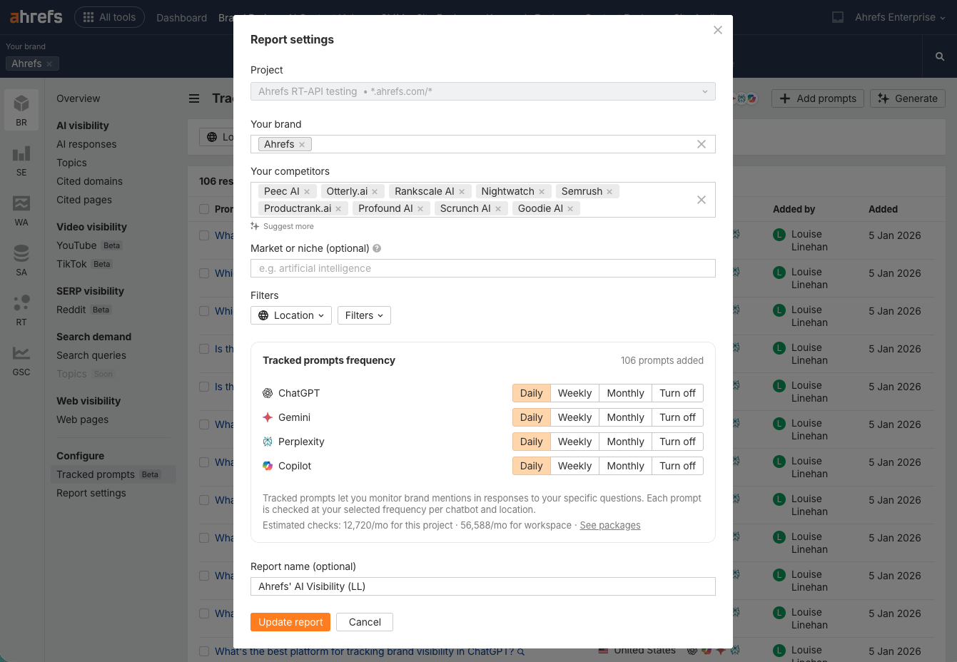 Ahrefs Brand Radar custom prompt settings dialog showing AI brand tracking configuration with competitor list, tracking frequency options for ChatGPT, Gemini, Perplexity, and Copilot set to daily/weekly/monthly intervals.