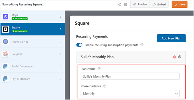 Set up recurring payment plans for Square in WPForms