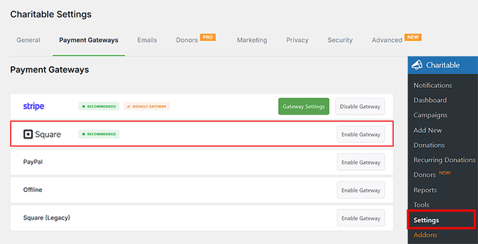 Enable Square as a payment gateway in Charitable