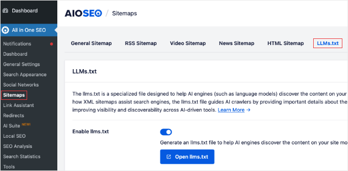 AIOSEO's Sitemaps LLMs.txt Settings AIOSEO's Sitemaps LLMs.txt Settings