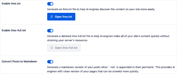 AIOSEO's LLMs.txt Toggles AIOSEO's LLMs.txt Toggles