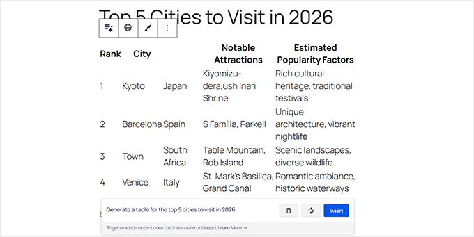 Generate a table with AI in AIOSEO Generate a table with AI in AIOSEO