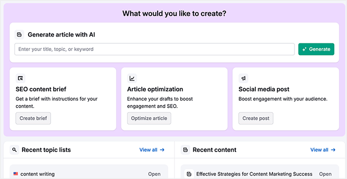 Semrush AI Article Generator dashboard Semrush AI Article Generator dashboard
