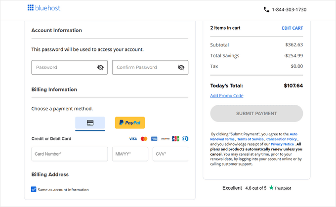 Bluehost checkout, payment, and purchase