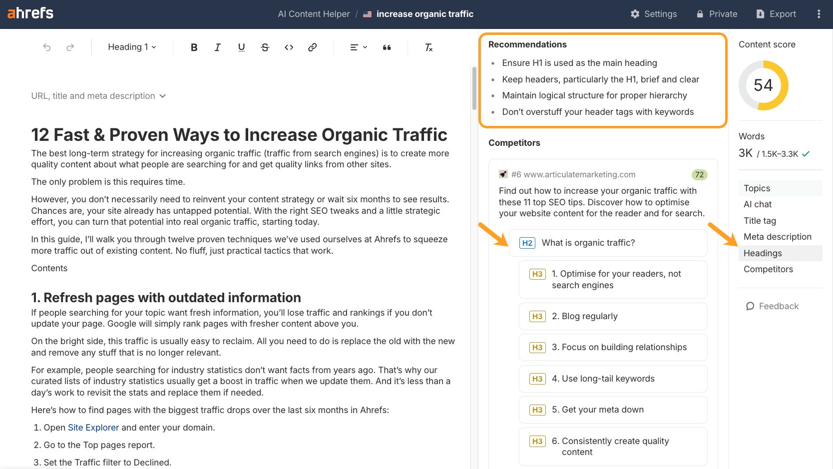 A screenshot of a content editor interface with a blog post being written. On the right, "Recommendations", a "Content score" of 54, and a "Headings" sidebar listing competitor's content structure are visible.