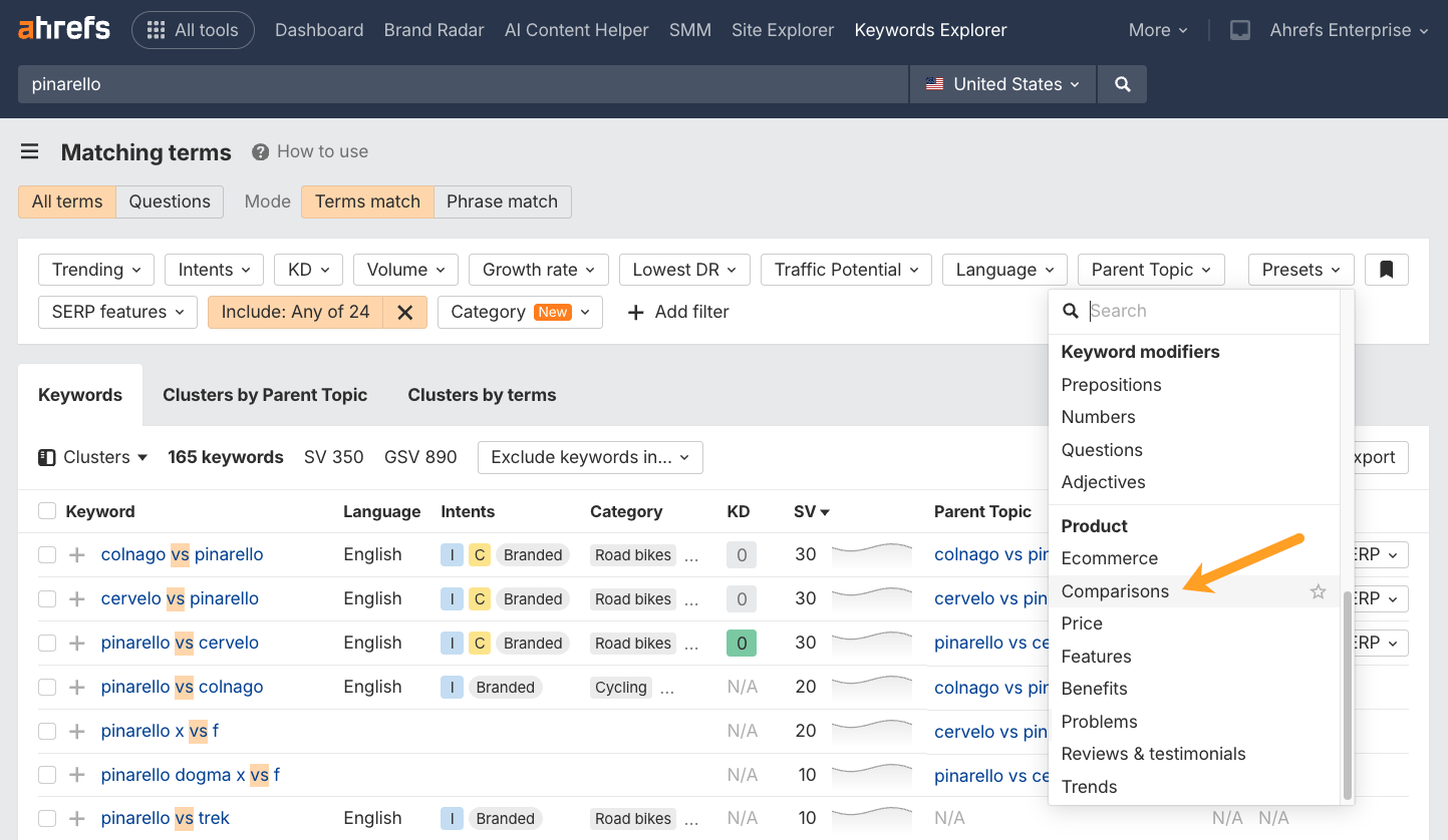 Ahrefs Keywords Explorer interface, showing different keyword filters and a dropdown menu with 'Comparisons' highlighted.