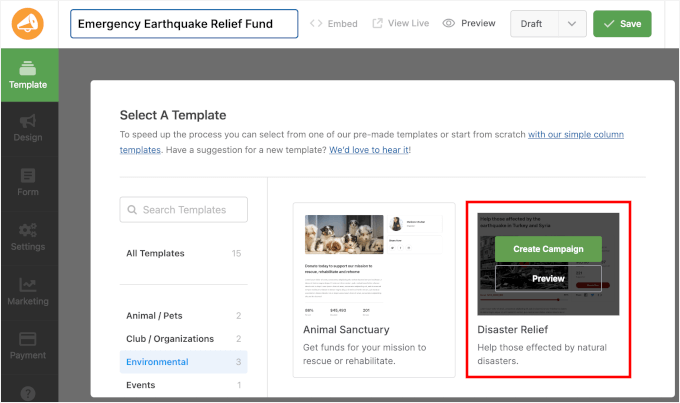 Naming fundraising campaign and picking a template