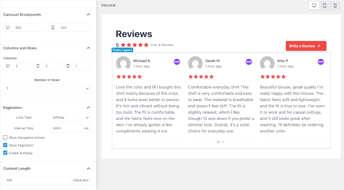 Layout customization panel