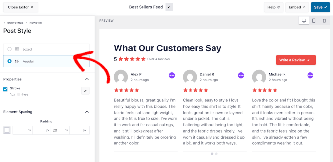 Customizing reviews' post style