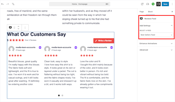 Reviews Feed block settings
