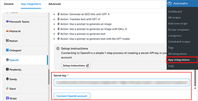 Click Connect OpenAI account button in Uncanny Automator Click Connect OpenAI account button in Uncanny Automator