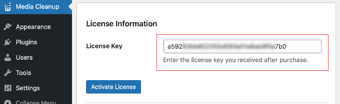 Enter Your WP Media Cleanup License Key