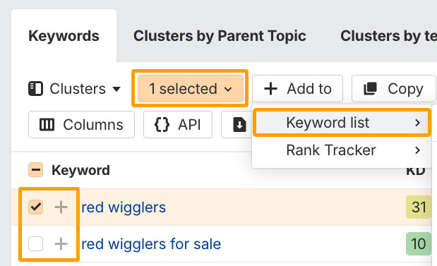 Adding keywords to a list in Ahrefs' Keywords Explorer