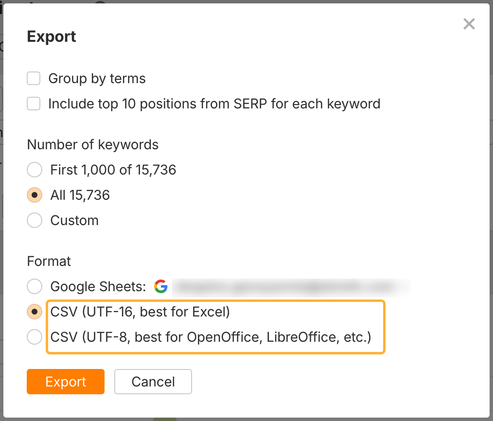 Exporting a keyword list in Ahrefs