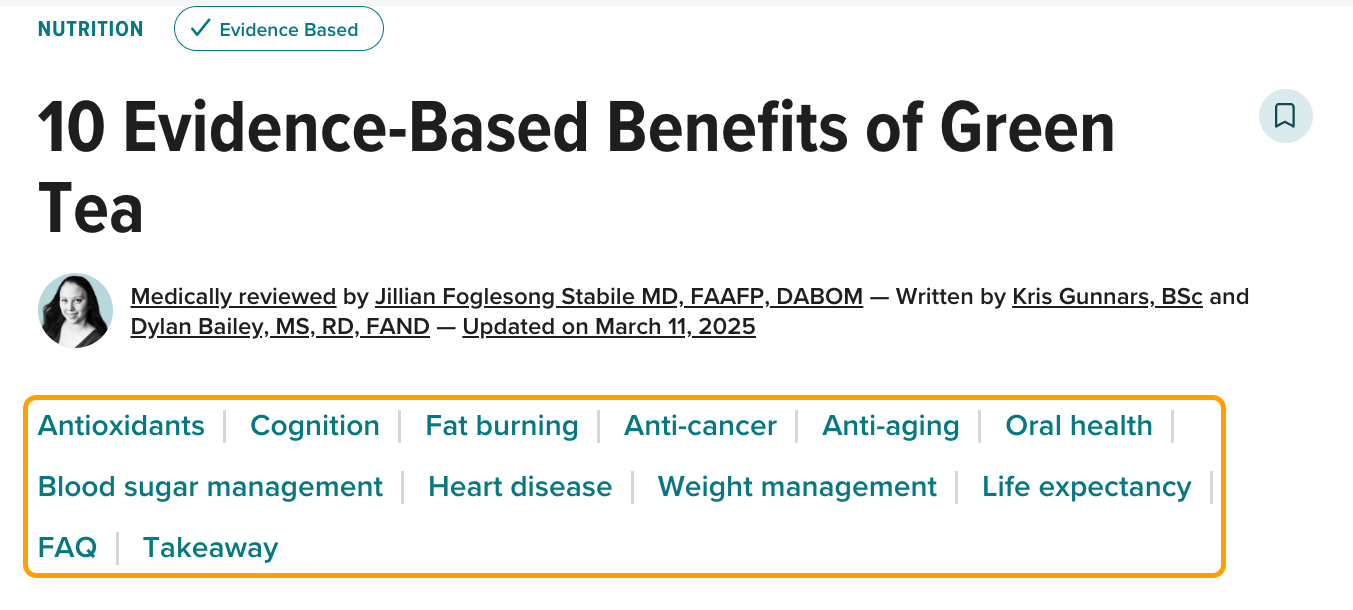 Example of topic coverage in a Healthline article